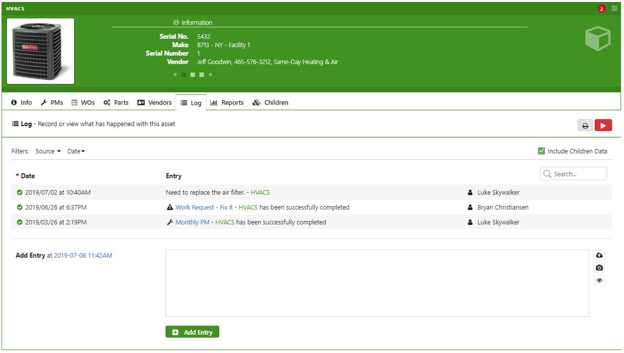 CMMS Equipment maintenance log example